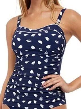 NWT Profile by Gottex Scoop Neck Shirred Underwire Tankini Top, Navy & White,34D